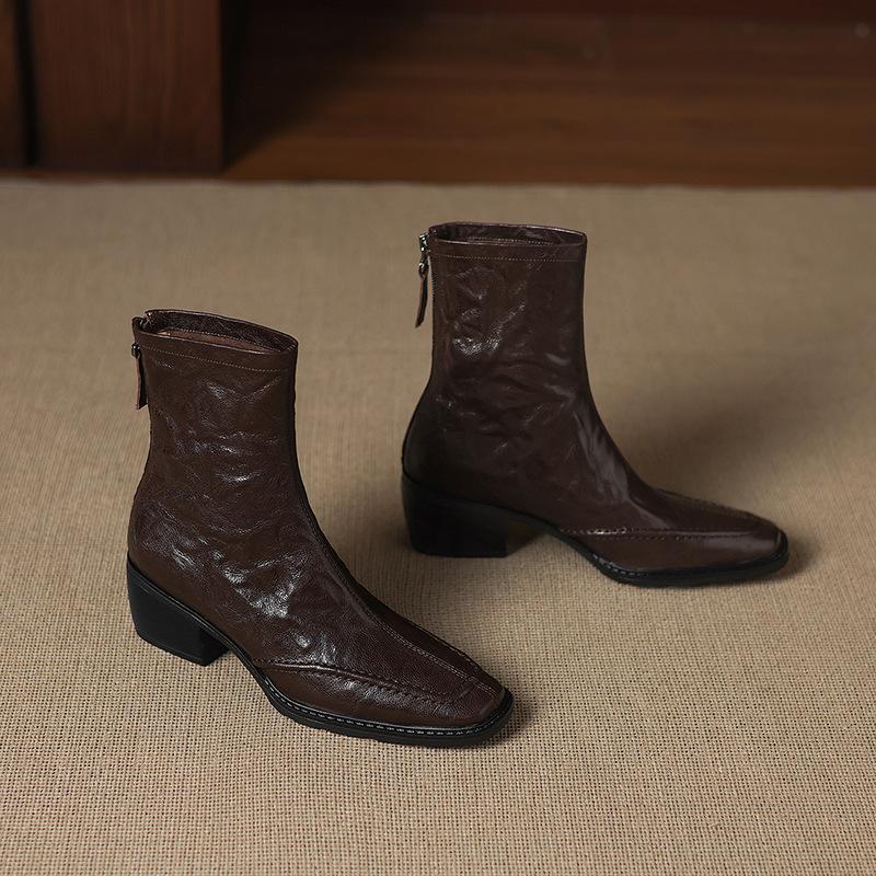 

Ботильоны Мартин на квадратном каблуке Женские ботильоны в британском стиле 2025 Осень и Зима Новые Овчина Средний каблук Одинарные ботинки Полностью кожаные внутри и снаружи 40 темно-коричневого