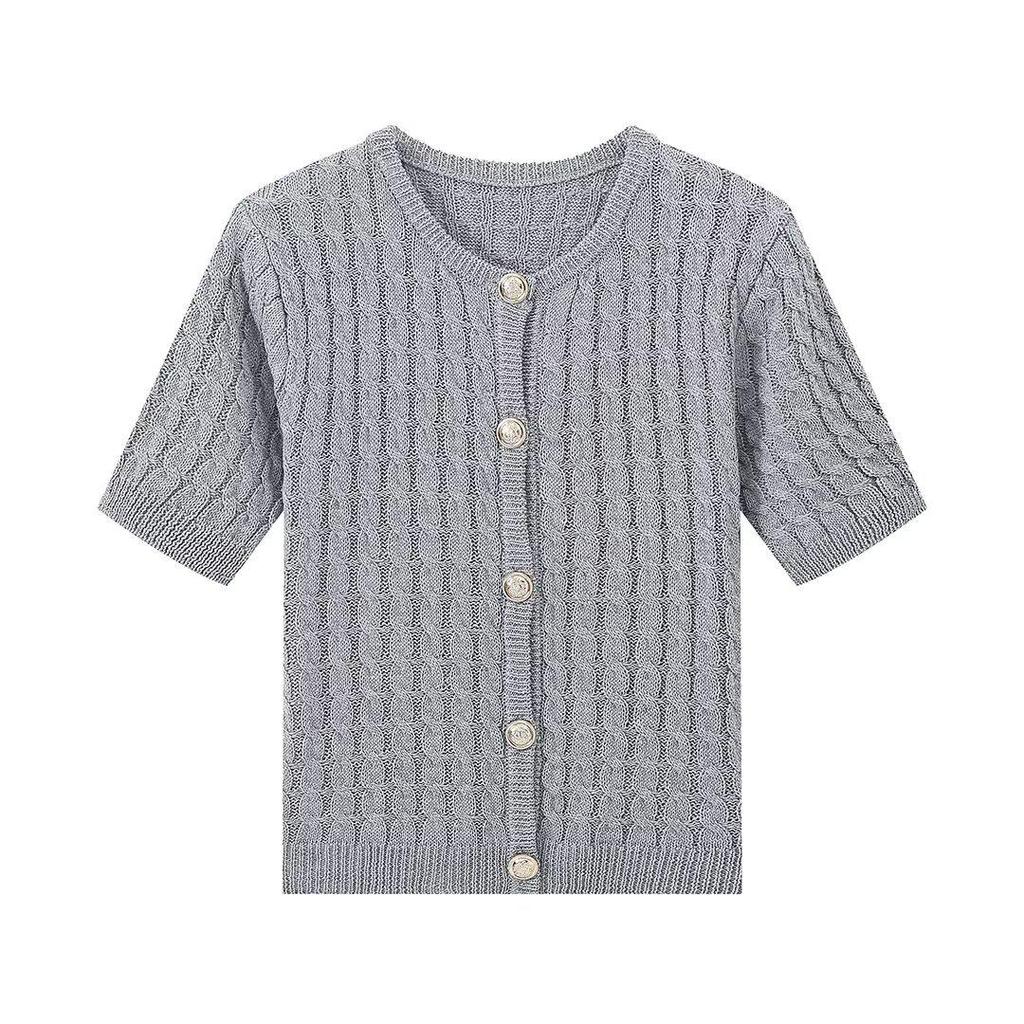 Versatile V-Neck Short-Sleeve Cable Knit Sweater for Women