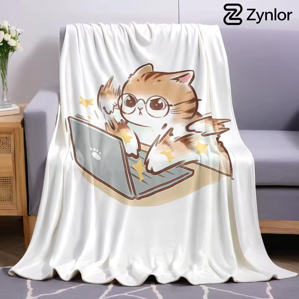 Work Cat Cartoon Anime Print Flannel Blanket Soft Warm Throw for Kids Bedroom Sofa Bed Christmas Office Car