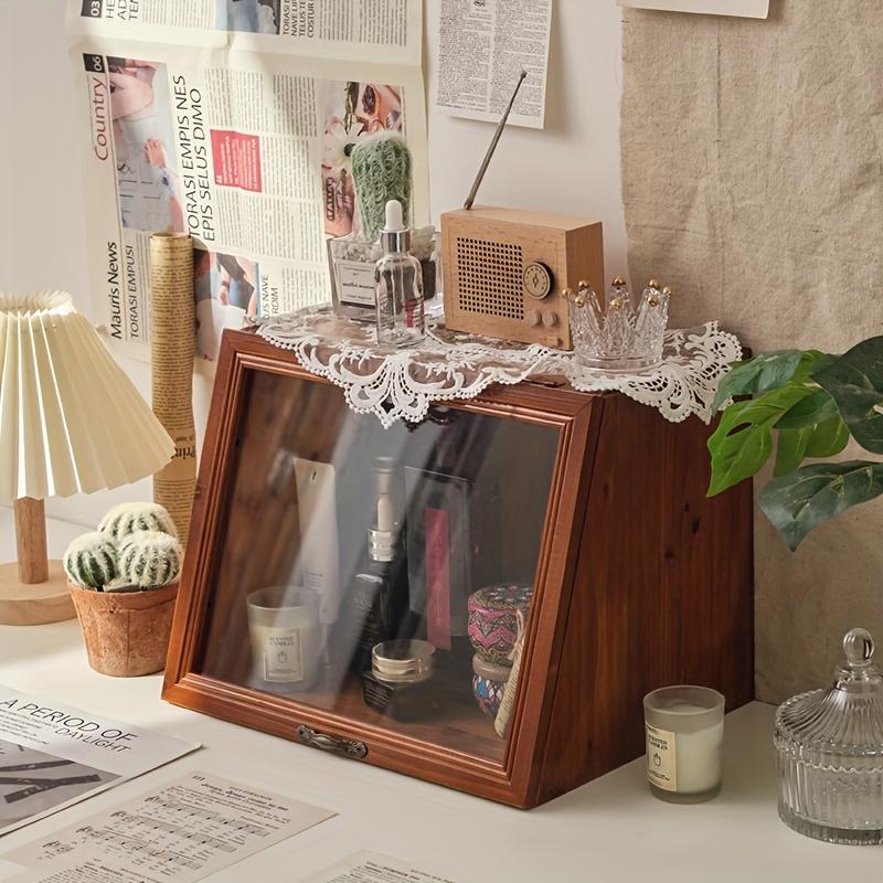 Wooden Vintage Desktop Storage Box with Flip Lid Retro Sundries Cosmetic Organizer Dust-proof Storage Box Home Table Decoration