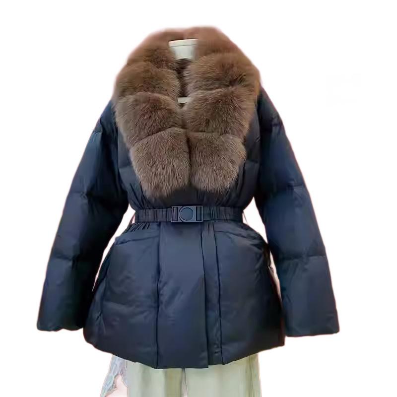 Jachetă de iarnă nouă, de lux, cu guler din blană naturală de vulpe, cu puf, pentru femei, de lungime medie și lungă, îngroșată, călduroasă