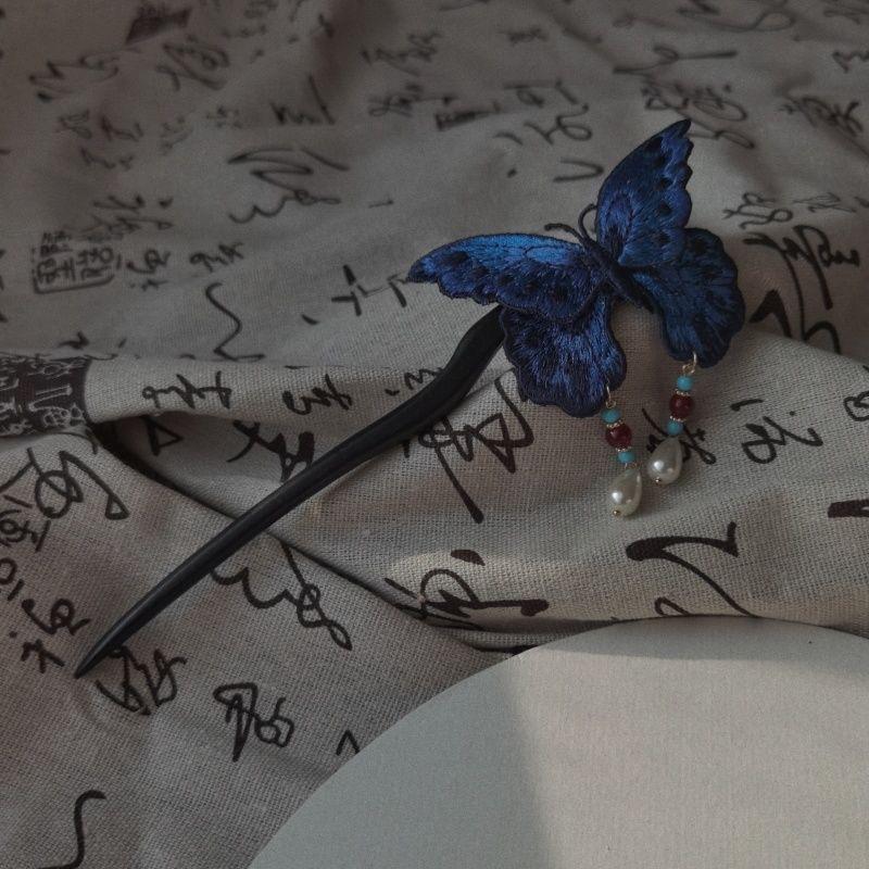 Chinese Style Embroidered Blue Butterfly Hairpin Pearl Tassel Hair Accessory Hanfu Hairpin Headwear Decoration