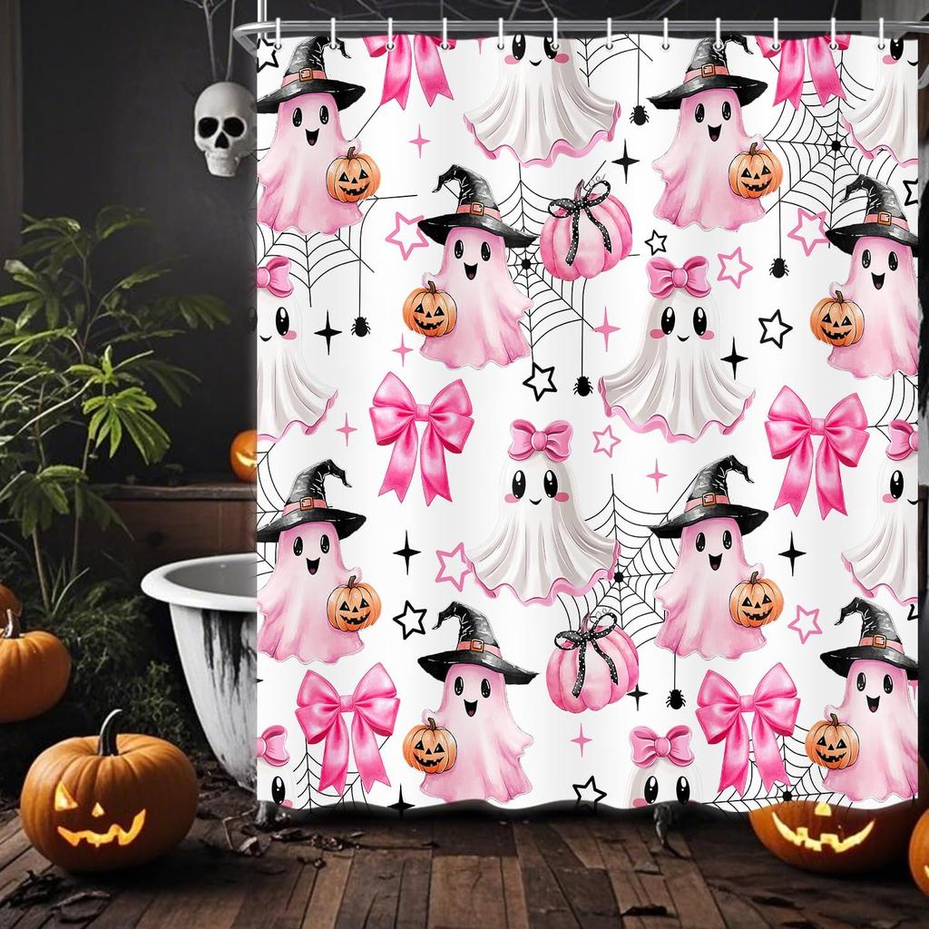 Halloween Shower Curtain, Black Cute Ghost Pumpkin Spooky Shower Curtain for Bathroom, Funny Halloween Holiday Cartoon Spooky