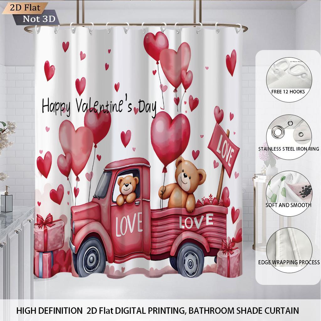 4pcs Valentine's Day Romantic Rose Flower Printed Bathroom Set Waterproof Shower Curtain Floor Mat Toilet Mat U-Shaped Mat