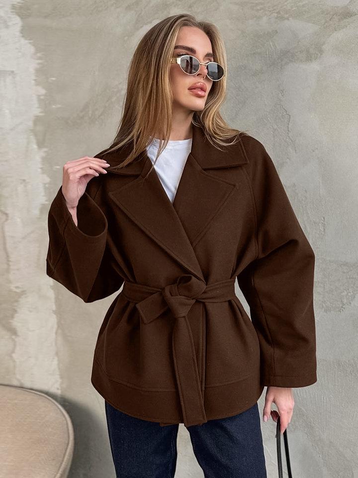 High-end Women's Autumn/Winter Woolen Coat with Versatile Waist Tie and Suit Collar