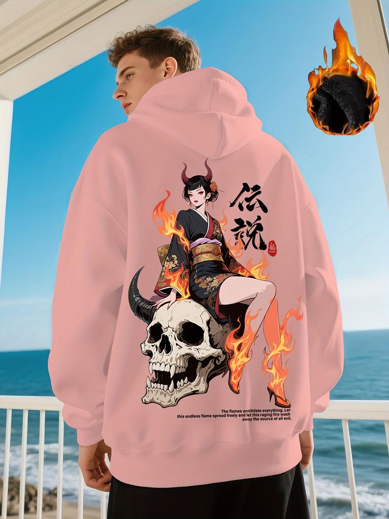 Men's Casual Sporty Japanese Anime Manga Succubus Pattern Print Warm Hooded Sweatshirt