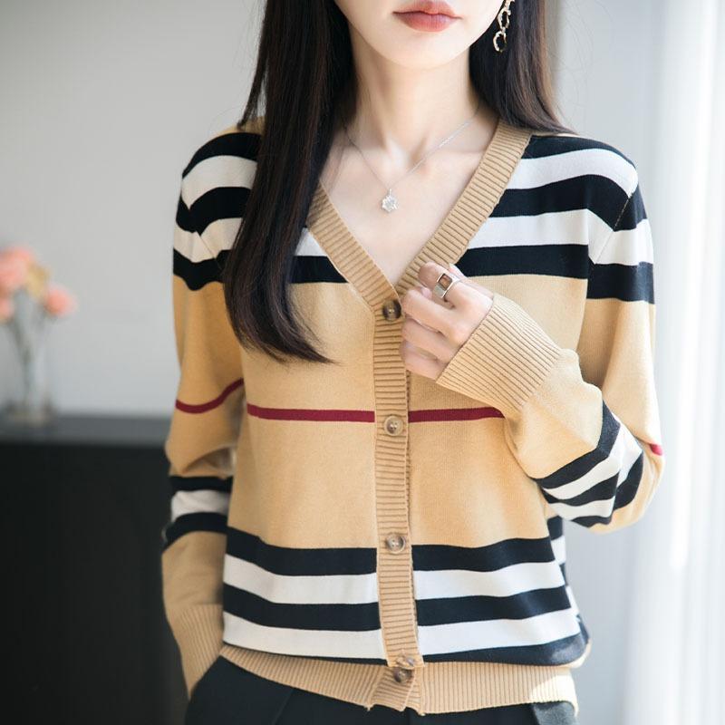 Women S V Neck Striped Knit Cardigan Loose Long Sleeve Fall Winter Outerwear