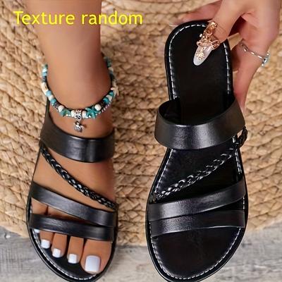 Women's Braided Flat Slide Sandals, Open Toe Faux Leather Non Slip Shoes, Casual Outdoor Beach Slides for Holiday