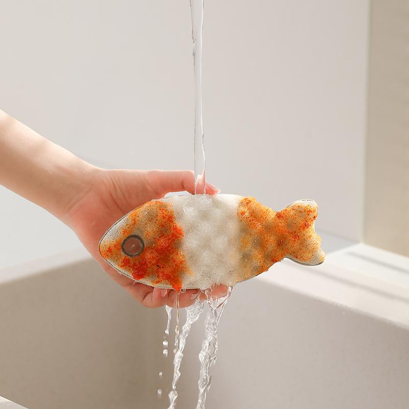 New Arrival Kitchen Cleaning Double-Sided Scouring Pad Three-Dimensional Honeycomb Dishwashing Sponge Fish-Shaped Made PU