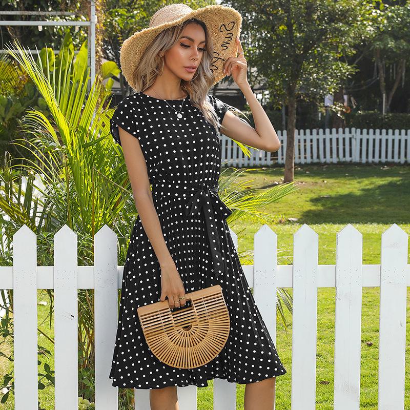 2026 Summer Polka Dot Pleated Lace-up Dress - Mid-length Casual Short-sleeved Style for European and American Markets