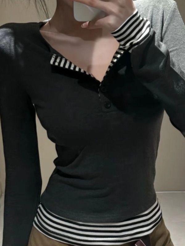 Women's Striped Color Block Fake Two-Piece Long Sleeve Button-Up Top