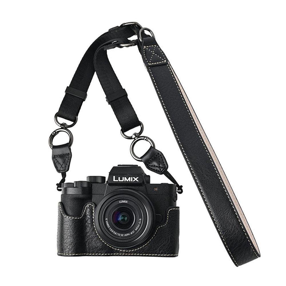 

Litchi PU Leather Camera Half Case for Panasonic Lumix G100K Bottom Opening Magnetic Cover With Strap чёрный