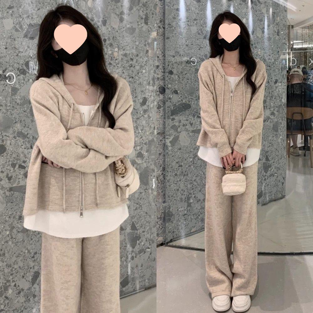 Ensemble décontracté deux pièces pour femmes Printemps 2025: Cardigan Sweatshirt Faux Deux Pièces & Pantalon Large