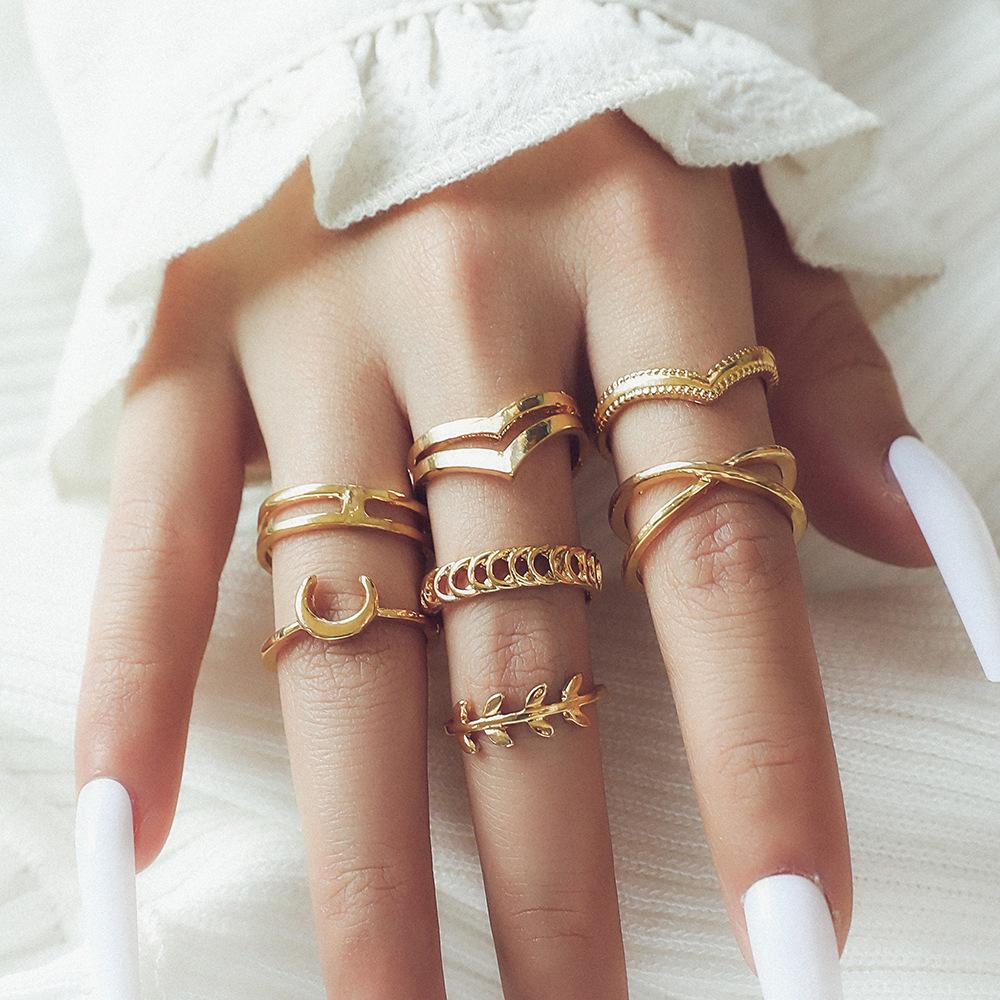 7pcs/set Moon Leaf Double V Double Layer Cross Ring