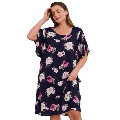 Oversize Uyku Dinlenme Elbiseleri Rayon Baskılı Çiçekli Gecelikler U Yaka Kazak Uyku Gömlekleri Bol Kesim Pijamalar 1XL-4XL Lacivert Uyku Giyim
