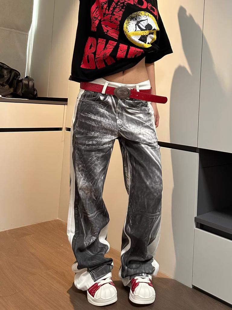 American high street D-printed lightning crack jeans men's and women's niche retro loose wide-leg design trendy cool trousers