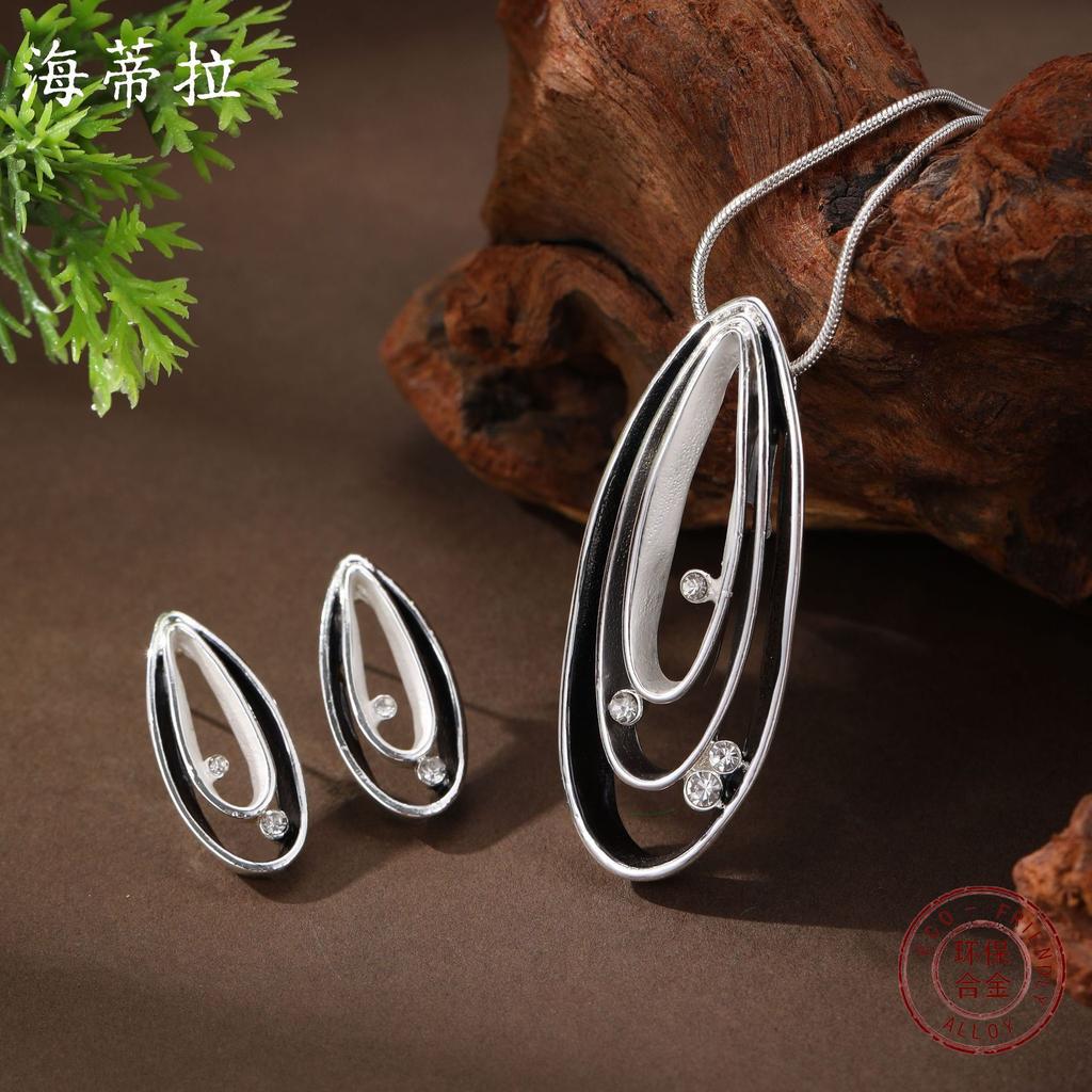 New enamel color hollow oval stud earrings pendant set women's fashion simple point diamond oval neck necklace