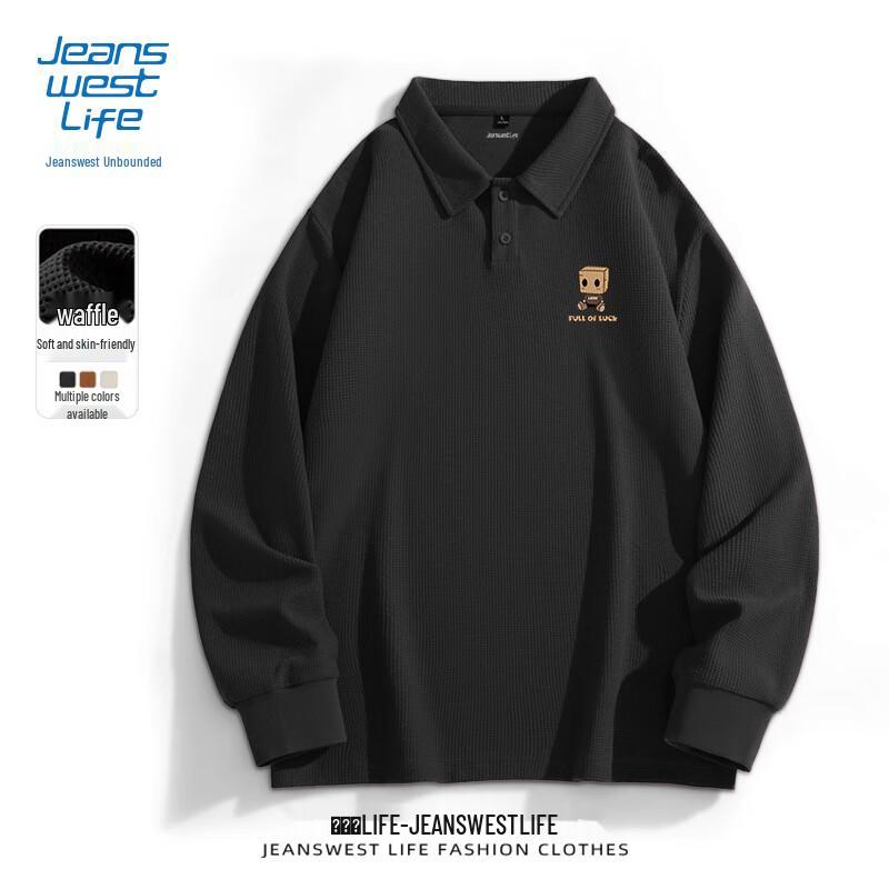 JEANSWEST LIFE Men's Heavyweight Waffle Knit Long Sleeve Polo Shirt