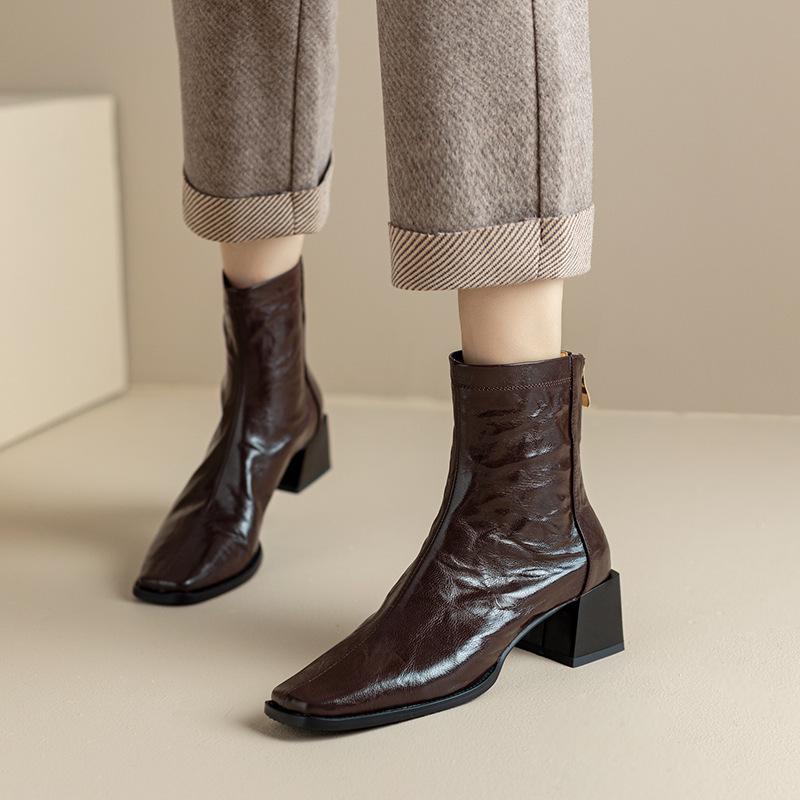 Square Heel Middle Heel Back Zipper Temperament Black Short Boots Women's French Versatile Commuter Naked Boots British Martin Boots
