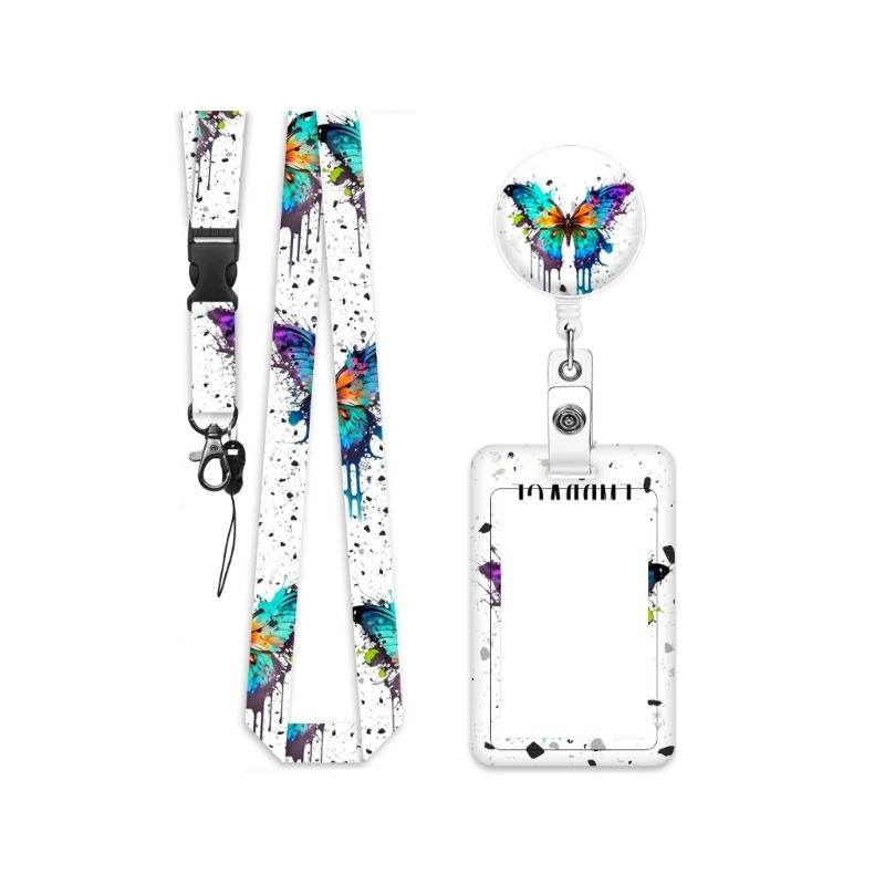 

Lanyard with Card Holder Butterfly Print Identity Card Case Retractable ABS Badge Holder with Removable Neck Strap