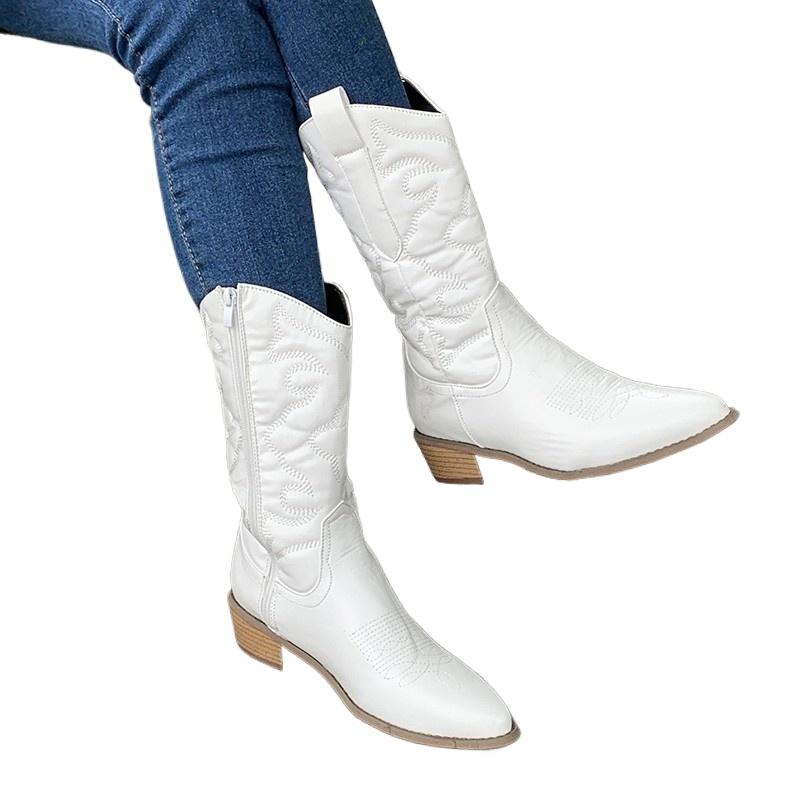 Fashion Shoes for Women 2025 High Quality Gold Women's Boots Mid-calf Side Zipper Western Cowboy Boots Silver Retro Boots Woman Zapatos