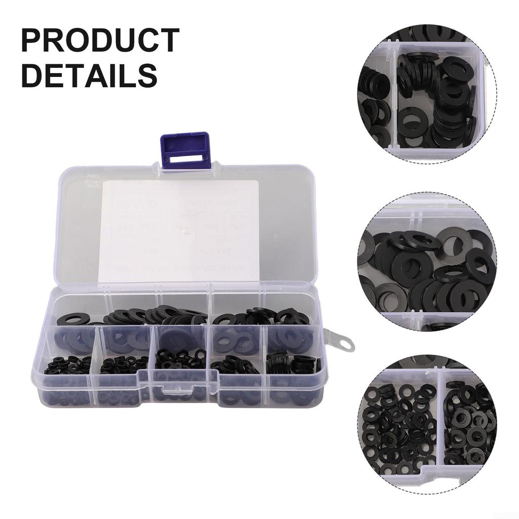250pcs Washer Gasket Set Black Nylon Rubber Flat Repair Assortment Kit