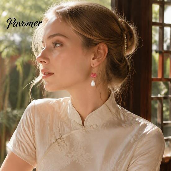 Dangle Pearl Earrings 1 Pair Lotus Flower for Women, Vintage 3D Pink Chinese Style Jewelry Drop Earring, Faux Crystal Floral Hanfu Cosplay Accessories