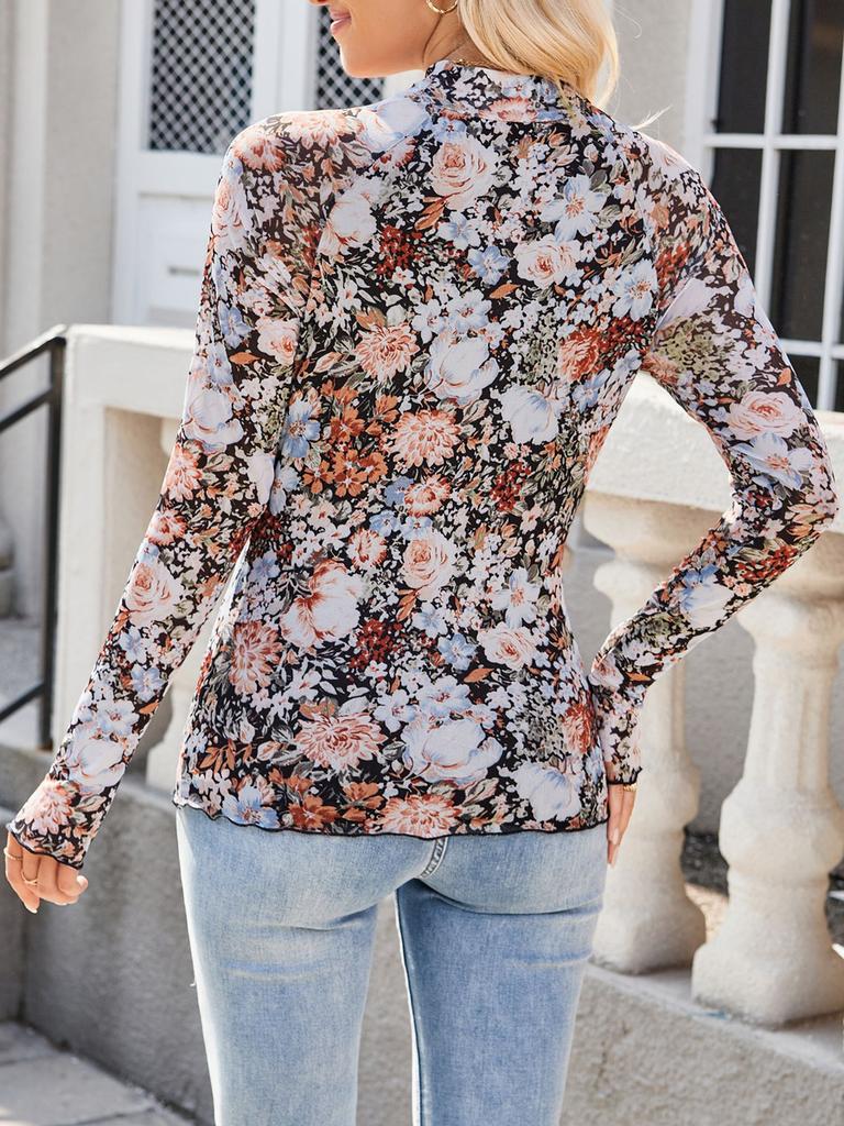 Turtleneck Long Sleeve Lace Floral Mesh Undershirt Top Women's