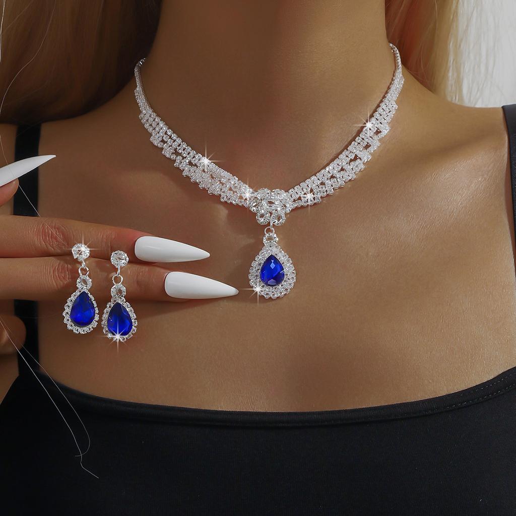 3PC Women's Fashion Copper Claw Chain Temperament Water Drop Necklace Earrings Zircon Set Wedding Banquet Party Holiday Gift