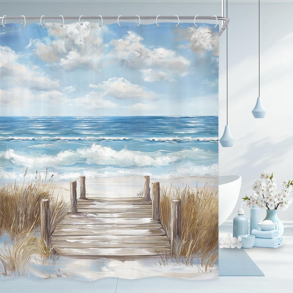 Nautical Lighthouse Shower Curtain Beach Coastal Sunset Sail Boat Retro Scenery Bathroom Decor Bath Curtain With Hooks