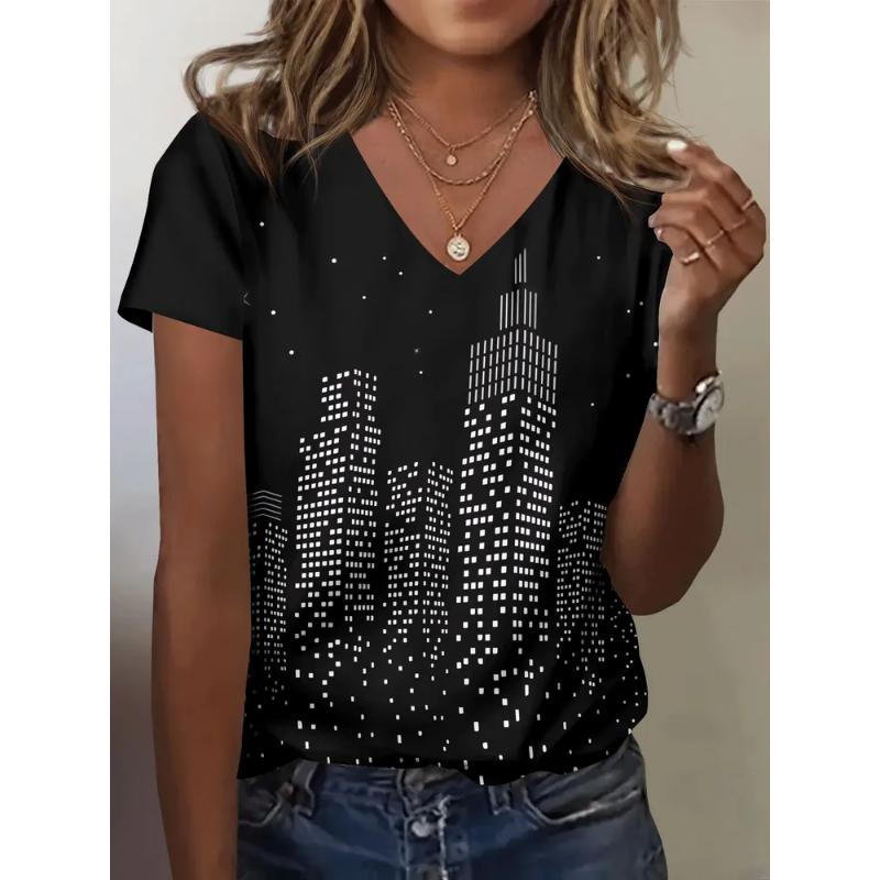 Fashion Women's V-Neck Short Sleeve 3D Flower Color Printing Flower Short Sleeve V-Neck T-Shirt