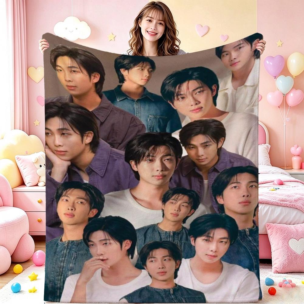 Kim Namjoon Rm Portrait Collage Print Pattern Blanket Soft Comfortable Fleece Blanket For Living Room Bedroom Recliner Home Party Decor Memorial Gift
