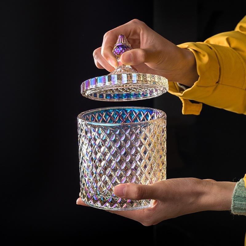 Light Luxury Glass Candy Jar with Lid Colorful Candy Storage Bottle Retro Candy Nut Storage Container Tabletop Craft Decoration