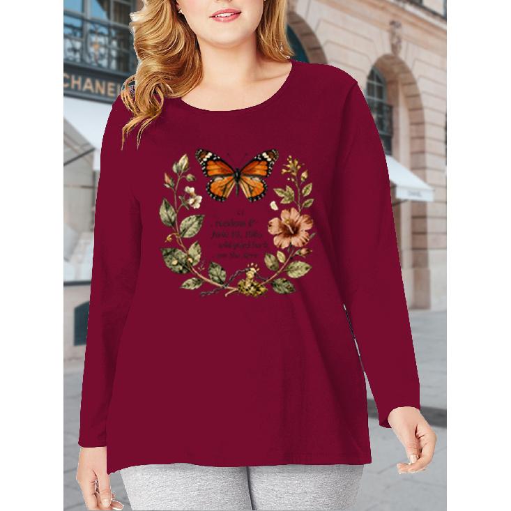 Plus-size women's clothing with vintage floral and butterfly prints T Shirt - Round-neck long-sleeve casual style for spring, summer, and