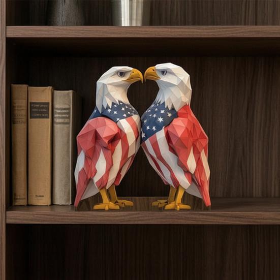 Tabletop 2D Wooden Bald Eagle Figurine, 4th of July Patriotic Eagle Statue with Base for Independence Day Home Table Decor