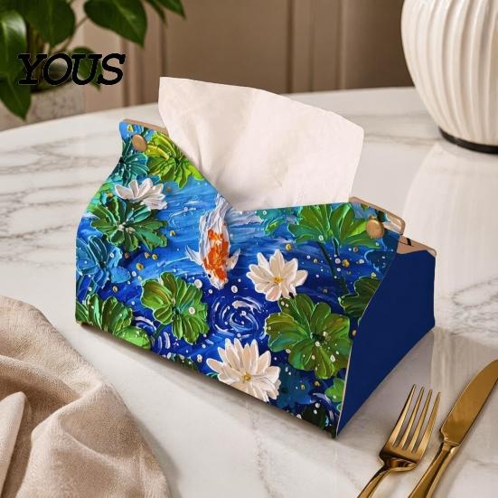 Foldable Paper Organizer Leather Tissue Box Cover with Flowers Pattern, Desktop Organizer, Napkin Holder Case, Portable Dispenser Facial Dispenser,