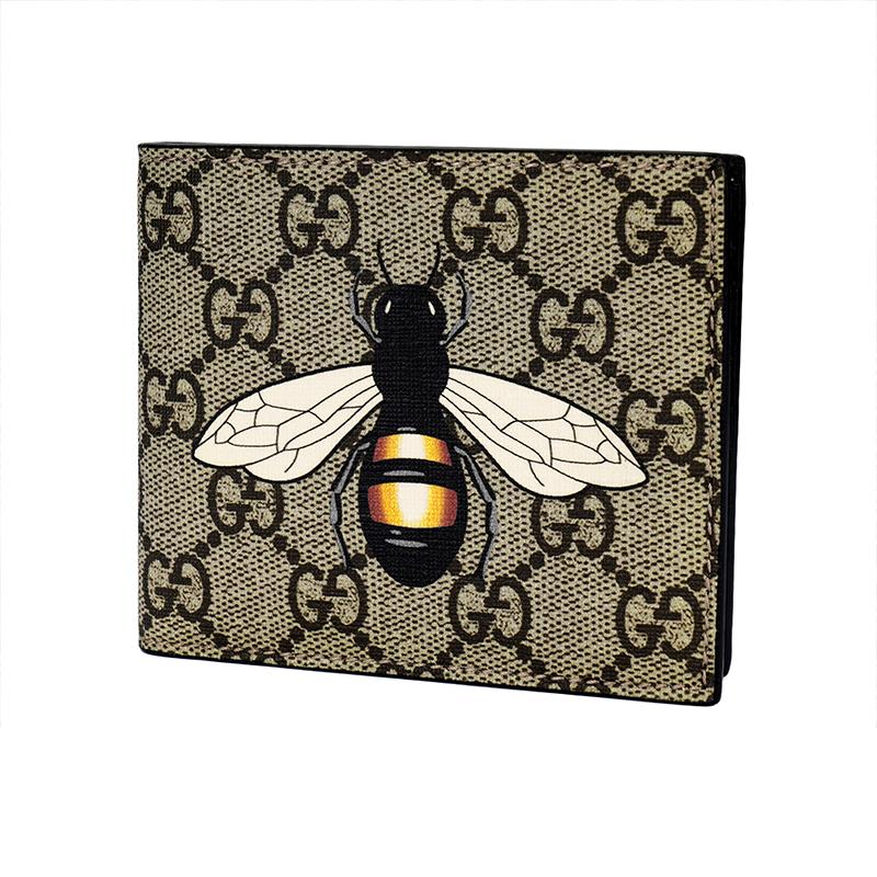 Gucci Bienenprint Logo Kurzes doppelt gefaltetes Canvas und Leder Portemonnaie Herren Portemonnaie Ebenholz 451268K5V1N8666