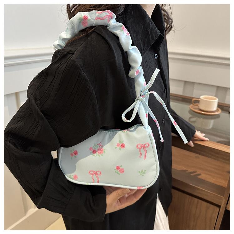 Women's Floral Print Drawstring Nylon Shoulder Bag, Sweet Style Bowknot Single Strap Handbag, Korean Fashion Casual Crossbody Purse