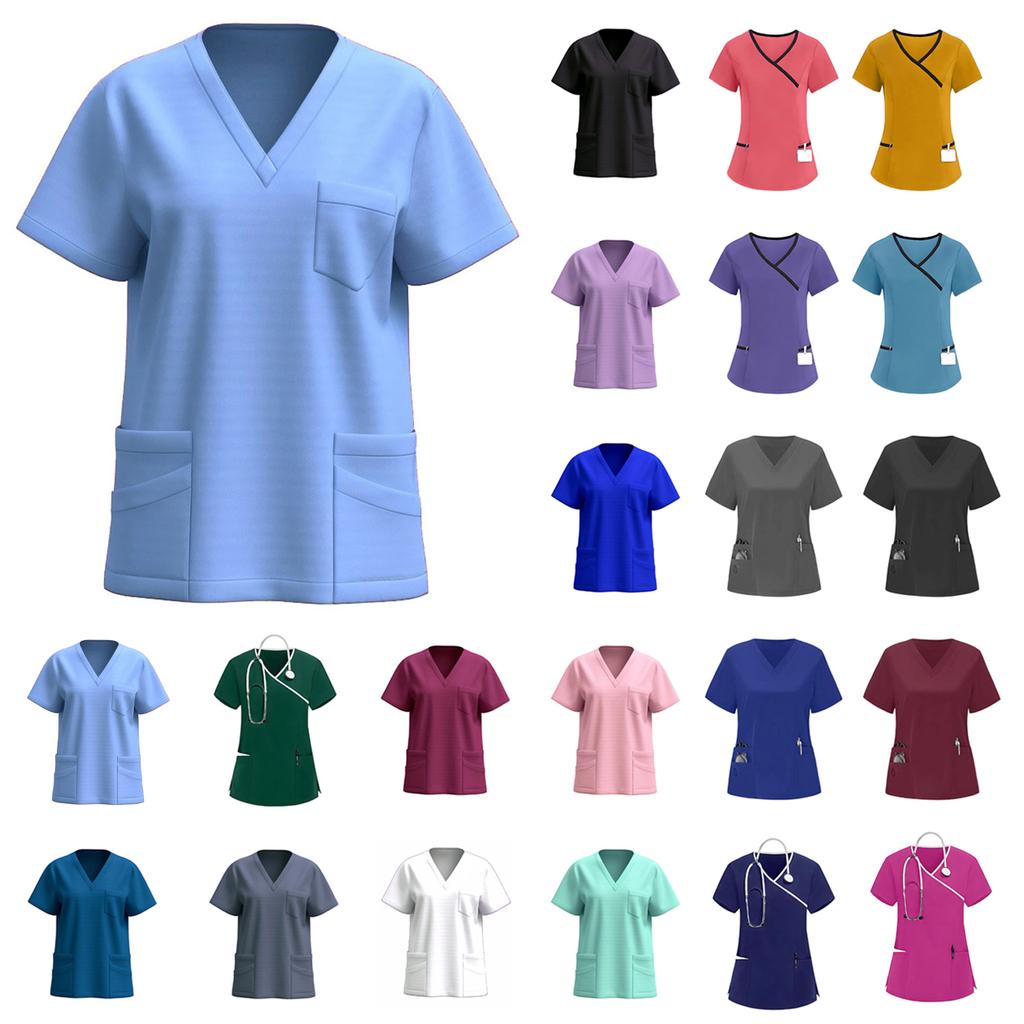 Women's Elastic Quick-Drying V-Neck Pocket Short-Sleeve Caregiver Work Uniform