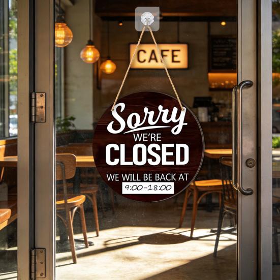 Pine Wood Double-Sided Reversible Hanging Sign, Business Open Closed Sign, Holiday Decor with Rope Hanging No Drill for Office Home Use