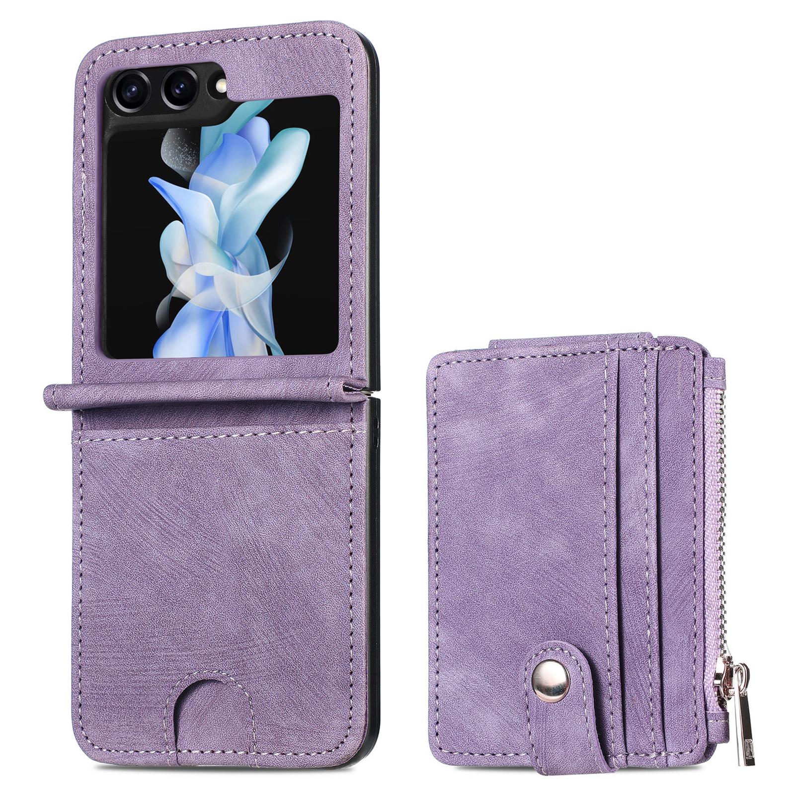 

For Samsung Galaxy Z Flip6 5G Case Kickstand Retro Leather Phone Cover Zipper Card Holder Purple