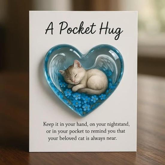 Cat Memorial Pocket Hug with Inspirational Card Emotional Support Heart-Shaped Sleeping Cat Charm Keepsake Figurine Decoration Cat Owners Lovers Gift