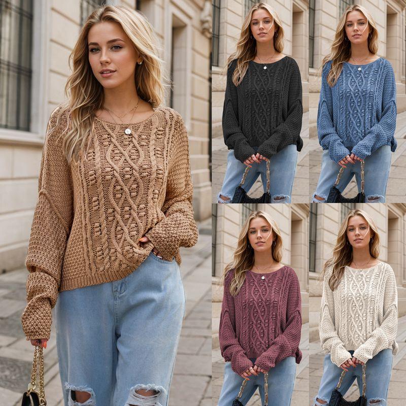 

2024 Autumn and Winter New Amazon Temu Cross-Border Hot Sale round Neck Twisted String Twist Loose Solid Knit sweater Women Black M