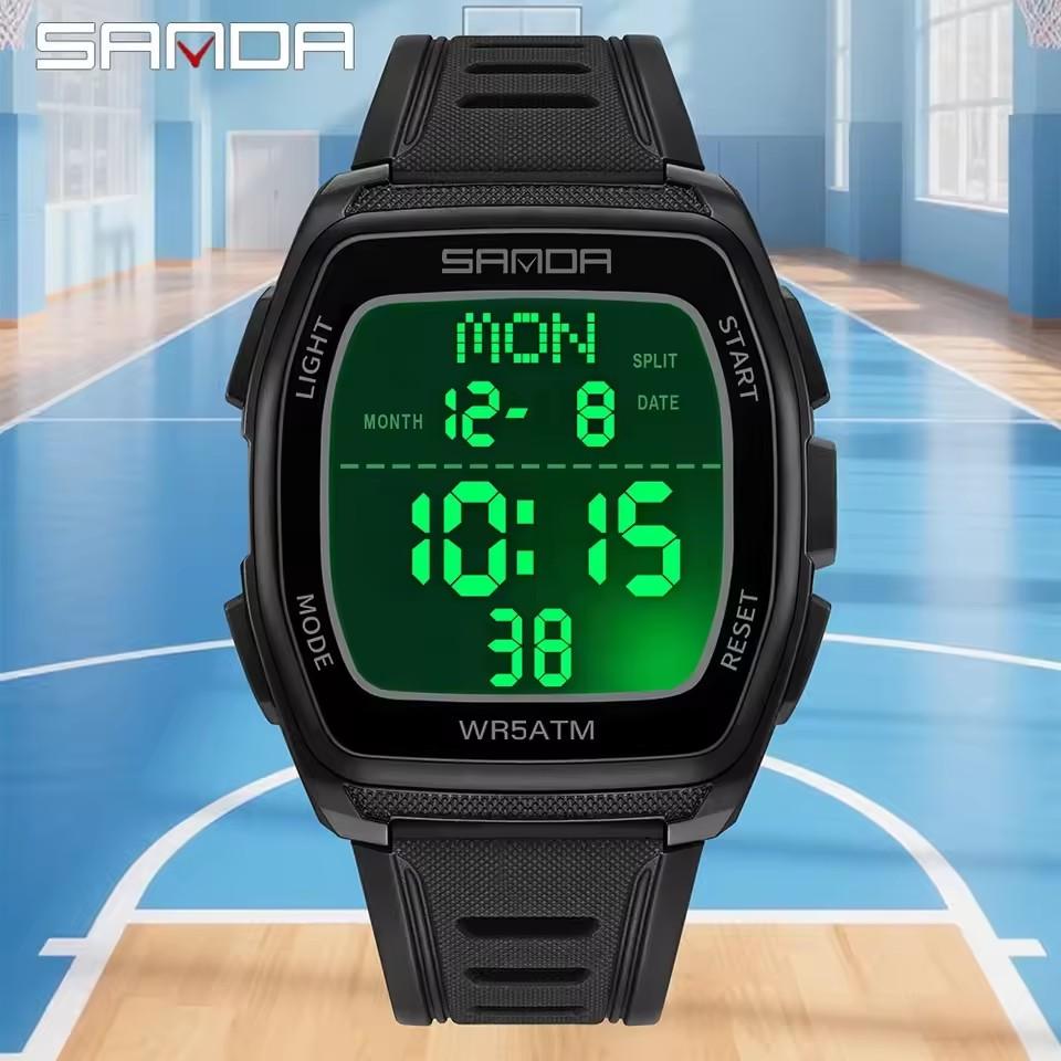 SANDA 9080 Square Original Men's Electronic Watch Wear-Resistant Waterproof Youth Bracelet Fashionable Gift for Boys With Alarm