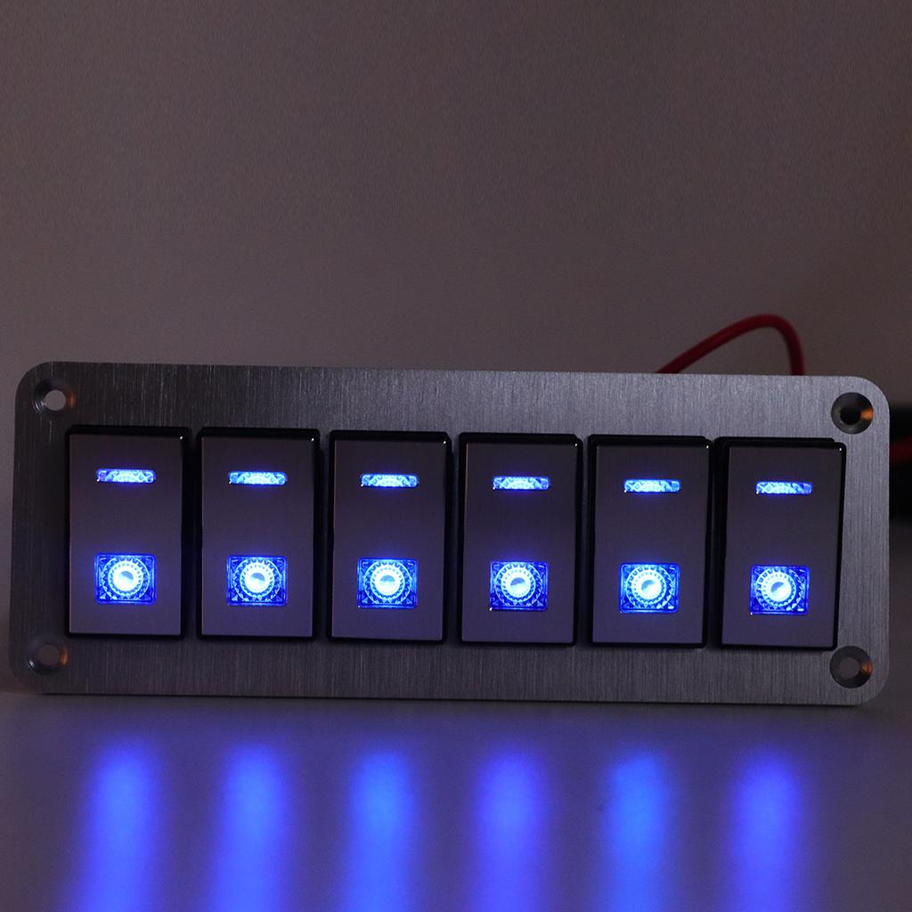 6 Gang Rocker Switch Panel 12V 24V Blue LED Waterproof SPST On Off Pre Wired Switch for Car Boat Tru