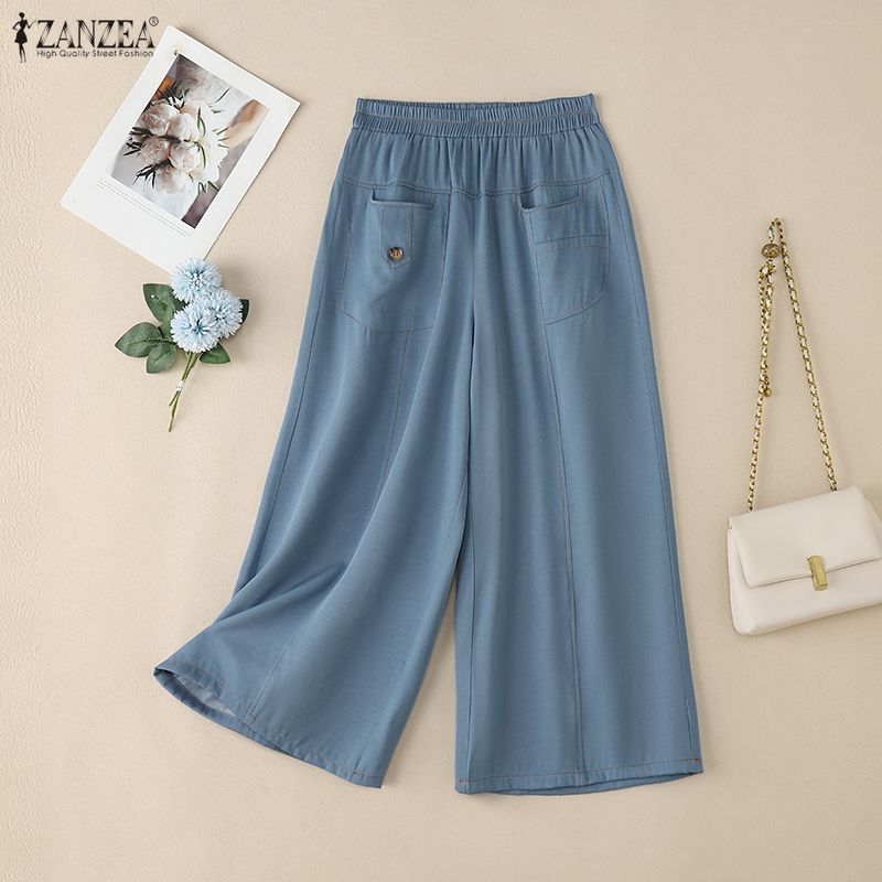ZANZEA Women Summer Casual Elastic Waist Loose Cropped Pants