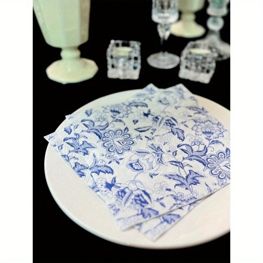 20pcs/Set Disposable Retro Blue Flower Printed Decoupage Napkins 13x13inch, Suitable for Weddings, Birthdays, Holidays