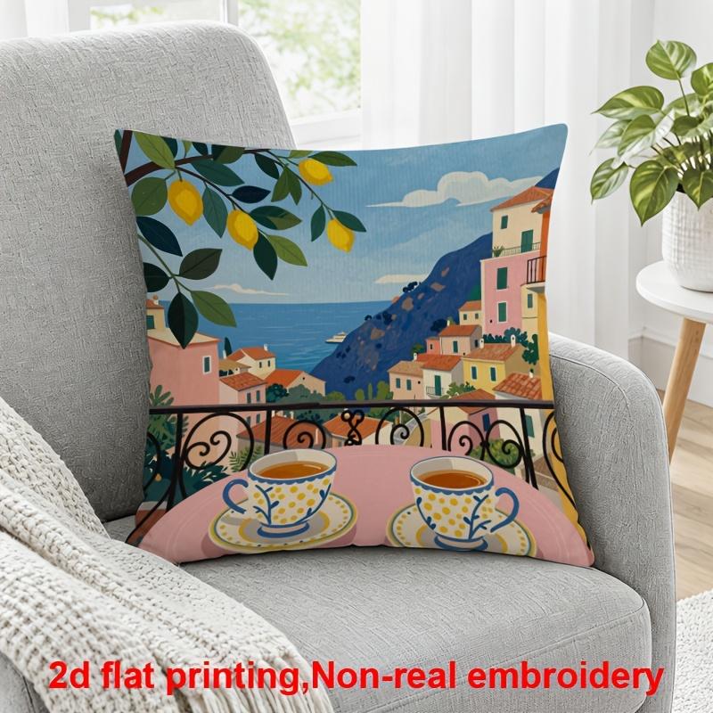 2D Flat Printing, 1pc, Lemon Tree Branch with Yellow Lemons Over Coastal Village Balcony Scene, Pillow Cover, Polyester, Suitable for Sofas, Living Ro