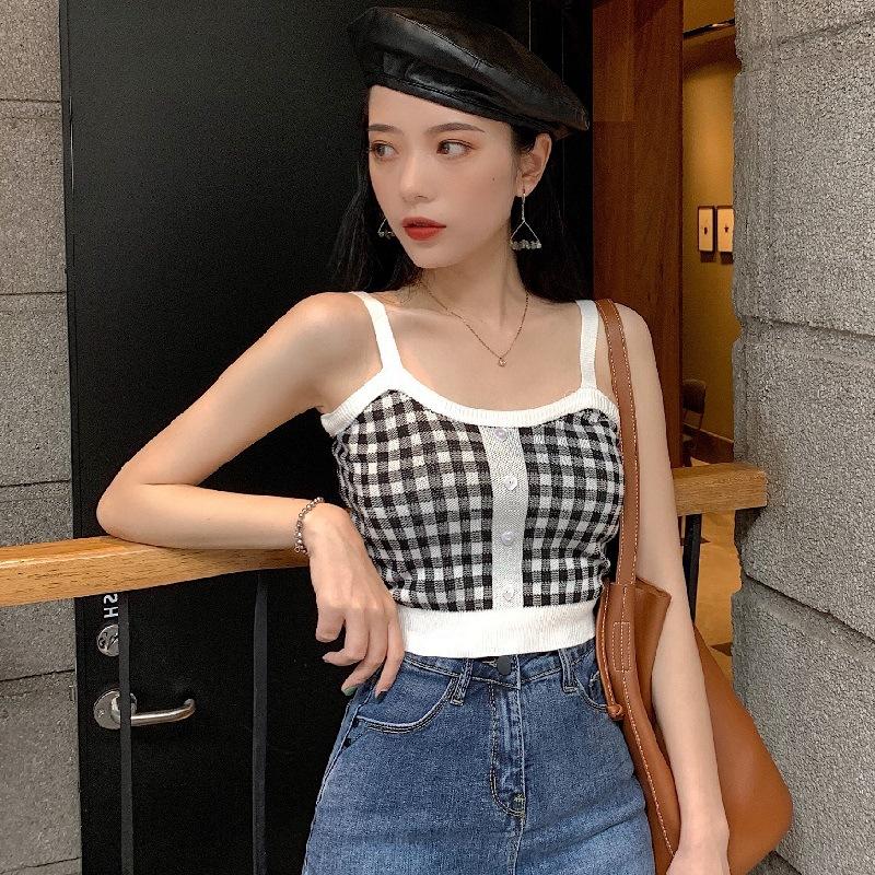 Internet Celebrity Beauty Back Short Plaid Knit Halter Vest Female Summer with A Bottom Crop Top To Wear Outside