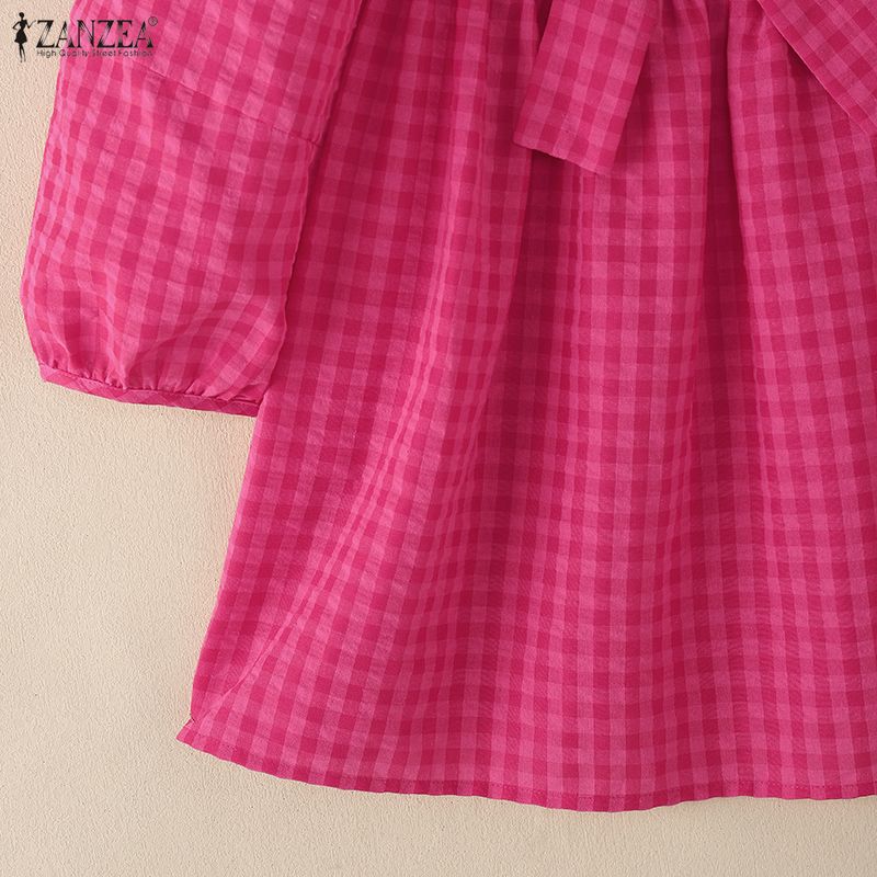 ZANZEA Women Square Collar Casual Short Sleeve Grid Print Blouse